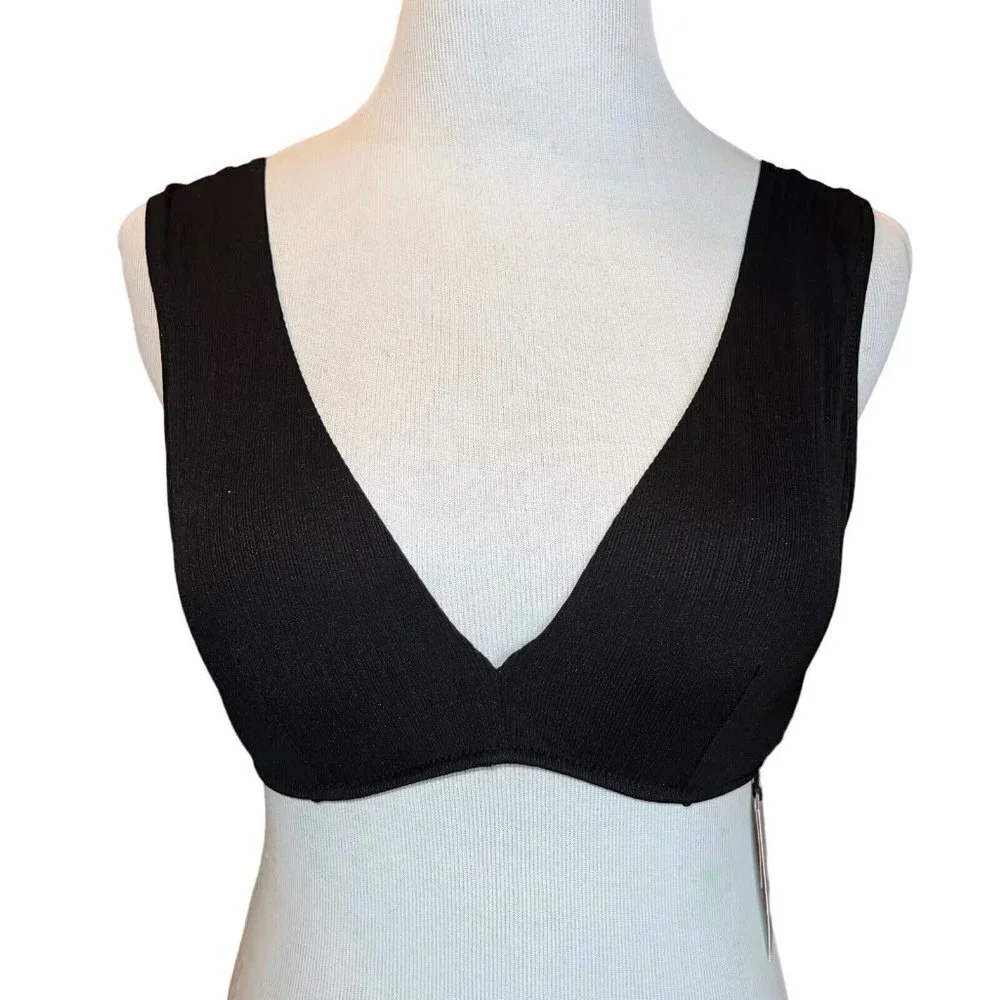 Shade & Shore Womens Lightly‎ Lined Plunge Wide Strap Ribbed Bikini Top Size 34C